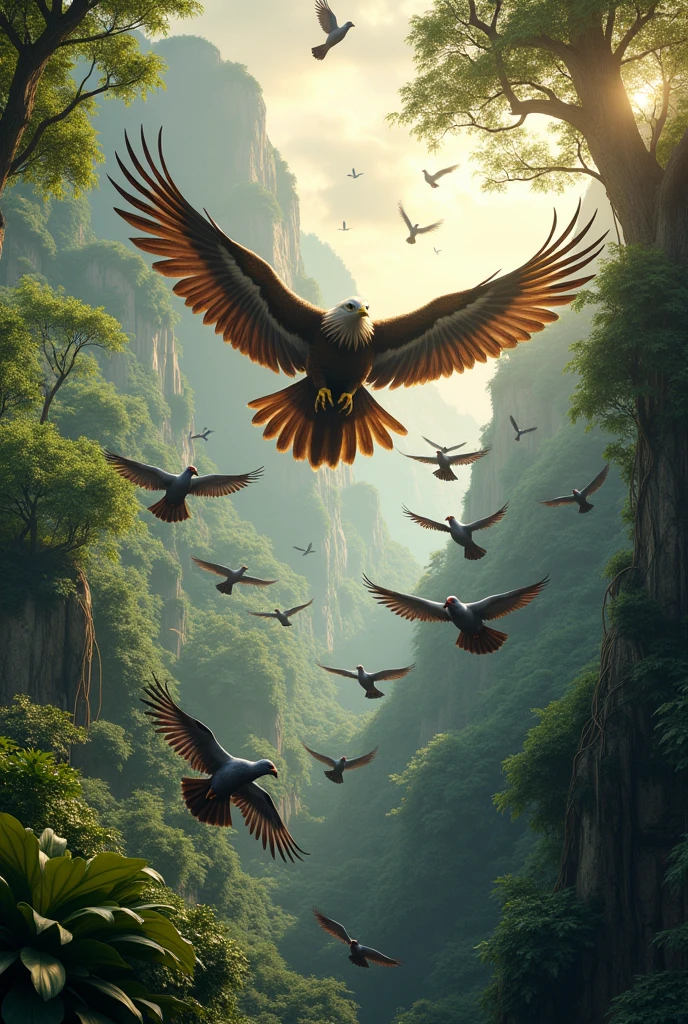  Pigeons and eagle  flying over jungle 

