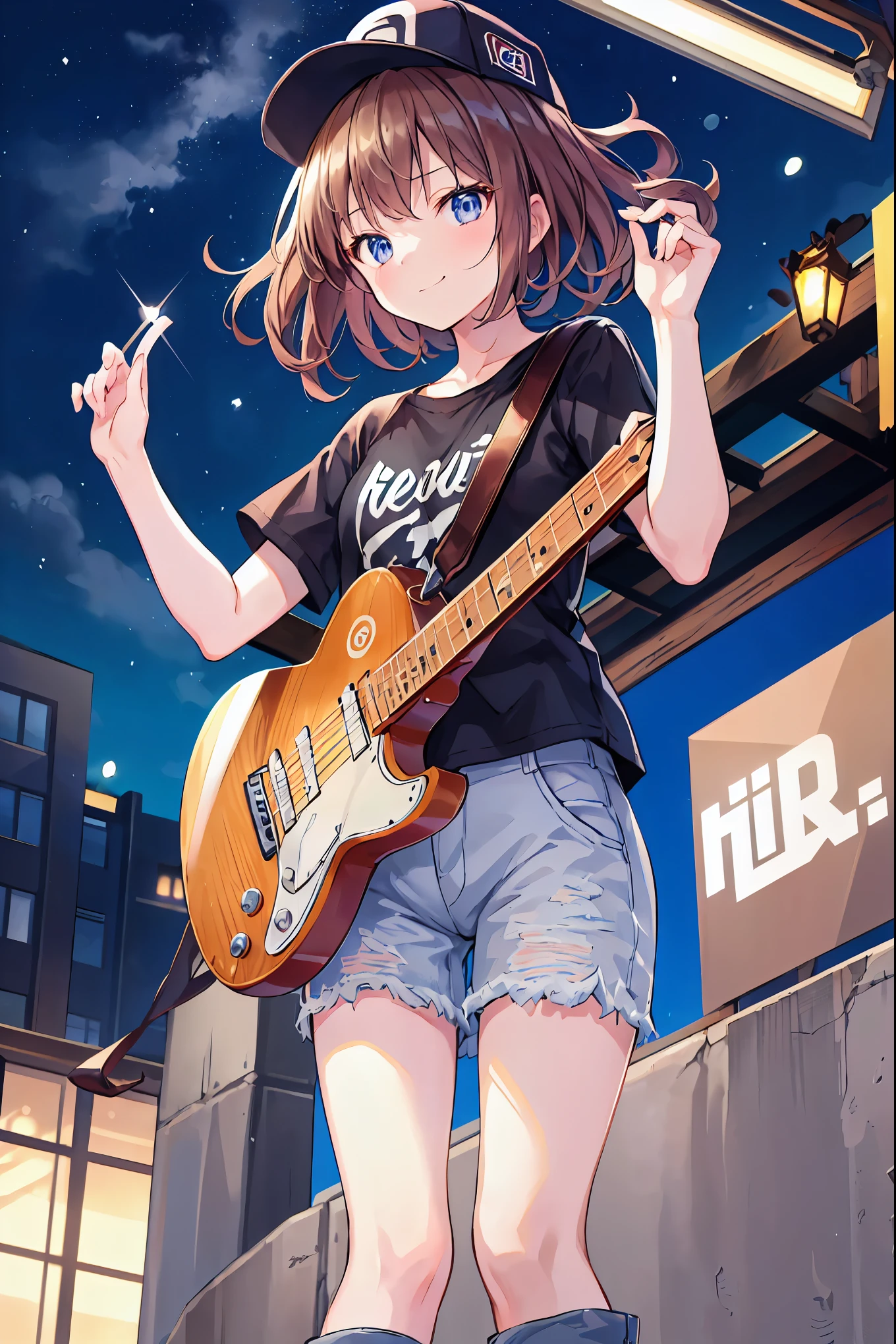 Brown Hair,Shortcuts,Messy Hair,Slender beauty,A dignified posture,Small chest,Beautiful feet,Her captivating grey-blue eyes shine like stars,meet, Azusa Nakano,Baseball cap,Oversized plain T-shirt,Short sleeve,Distressed jeans,short boots,Instrument playing, Stage Performance, hot air,Happy atmosphere,スタンドマイクの前でguitarを弾きながら熱唱,guitar(Red Mustang),On the forehead,Sing with your mouth open,smile,Street performance,night,whole bodyがイラストに入るように,
break outdoors, construction area,
break looking at viewer, whole body,
break (masterpiece:1.2), Highest quality, High resolution, unity 8k wallpaper, (shape:0.8), (Beautiful attention to detail:1.6), Highly detailed face, Perfect lighting, Extremely detailed CG, (Perfect hands, Perfect Anatomy),