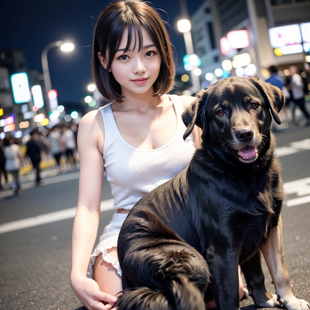 1 Girl, Tokyo Street,night, Streetscape,City lights,Upper Body,close,smile,, (8K, Raw photo, highest quality, masterpiece:1.2),(Realistic, photo-Realistic:1.37), dog with mix off black and white colour