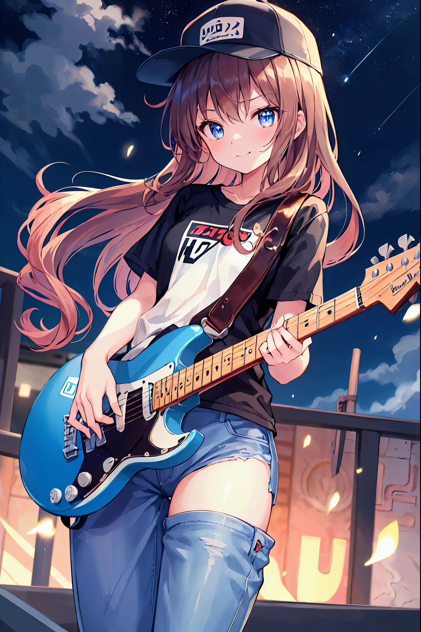 Brown Hair，Shortcuts，Messy Hair，Slender beauty，A dignified posture，Small chest，Beautiful feet，Her captivating grey-blue eyes shine like stars，meet, Azusa Nakano,Baseball cap,Oversized plain T-shirt,Short sleeve,Distressed jeans,short boots,Instrument playing, Stage Performance, hot air,Happy atmosphere,スタンドマイクの前でguitarを弾きながら熱唱,guitar(Red Mustang),On the forehead,Sing with your mouth open,smile,Street performance,night，whole bodyがイラストに入るように,
break outdoors, construction area,
break looking at viewer, whole body,
break (masterpiece:1.2), Highest quality, High resolution, unity 8k wallpaper, (shape:0.8), (Beautiful attention to detail:1.6), Highly detailed face, Perfect lighting, Extremely detailed CG, (Perfect hands, Perfect Anatomy),