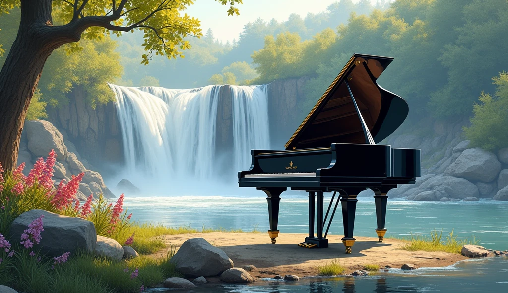 Grand piano。
黒い大きなGrand pianoが置かれている。
複数の段階にわたって流れ落ちる滝の手前の岸辺にGrand pianoが置かれている様子を描かれた美しい水彩画です。The water from the waterfall flows into a calm river、周囲には緑豊かなwood々or pink、red、Violet vibrant flowers々is blooming。wood々The sunlight shining through、The scene is illuminated with warm early morning or late evening light.。This image evokes the beauty and serenity of nature.、It will bring peace and relaxation to the viewer.。この川の手前の岸辺に黒い大きなGrand pianoが置かれている画像を作成したいと思います。Consider this prompt。A gentle touch of watercolor painting