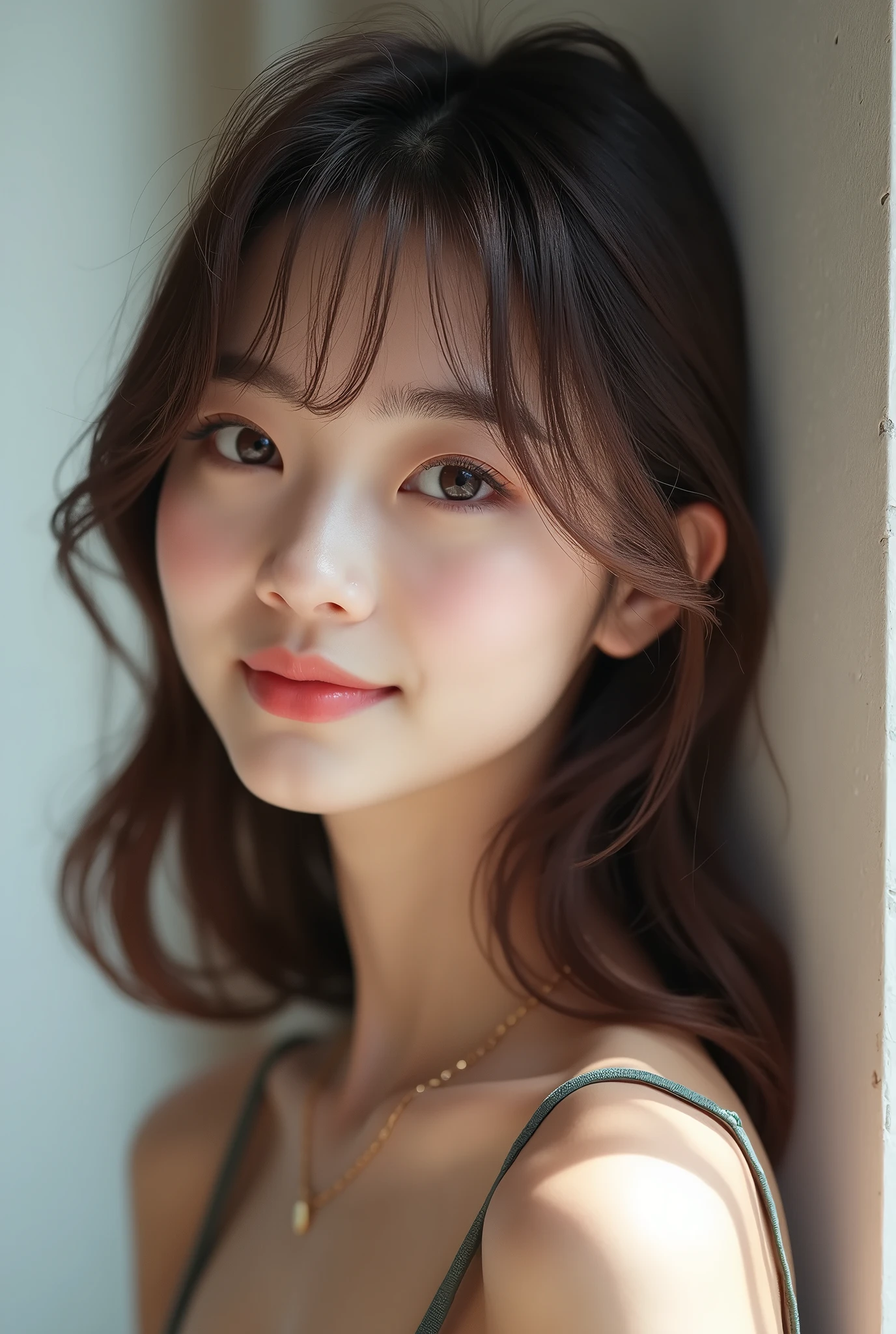 high resolution、A transparent Japanese woman、looking at the camera、body is angled、smile、Moist and shiny hair、Thready hair、cute、Brown Hair、Beautiful young woman who looks like a model、Leaning against a wall、Big eyes、Outline of an inverted triangle、face is slanted45Every time、Straight Hair、The tips are heavy、White crew neck half sleeve top、Hide your chest、Attractive features、Big eyes、Beautiful woman、hoop gold earrings、Long, diagonally swaying bangs、Beautiful like a celebrity、A trendy blunt hairstyle with little volume、Bangs up to the nose、No bangs standing up、Smooth surface hair、Simple chain necklace、A fashionable atmosphere、A mature bob with less volume on top、The hair around the face falls smoothly onto the face.、Natural Makeup、Silky Smooth Straight Hair、Cohesive hair、Straight Hair that is smooth to the ends、Straightener、Bob with a Falling Front、Messy Hair