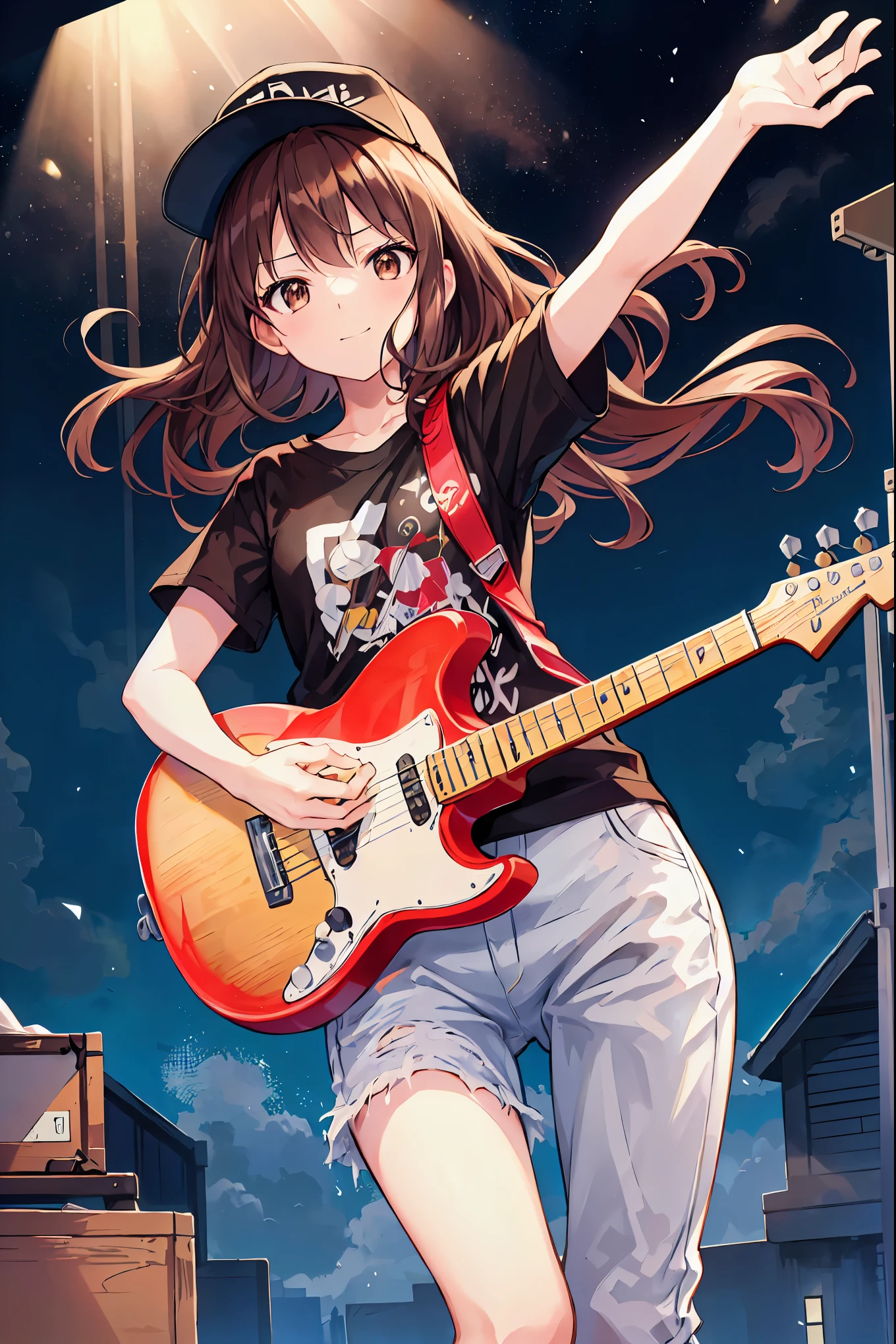 Brown Hair，Shortcuts，Messy Hair，Slender beauty，A dignified posture，Small chest，Beautiful feet，Her captivating grey-blue eyes shine like stars，meet, Azusa Nakano, Black Hair, (Brown eyes:1.5),Long Hair,Baseball cap,Oversized T-shirt,Short sleeve,jeans,short boots,Instrument playing, Stage Performance, hot air,Happy atmosphere,スタンドマイクの前でguitarをを弾きながら熱唱,guitar(Red Mustang),On the forehead,Sing with your mouth open,smile,Street performance,night,moonlight,whole bodyがイラストに入るように,
break outdoors, construction area,
break looking at viewer, whole body,
break (masterpiece:1.2), Highest quality, High resolution, unity 8k wallpaper, (shape:0.8), (Beautiful attention to detail:1.6), Highly detailed face, Perfect lighting, Extremely detailed CG, (Perfect hands, Perfect Anatomy),