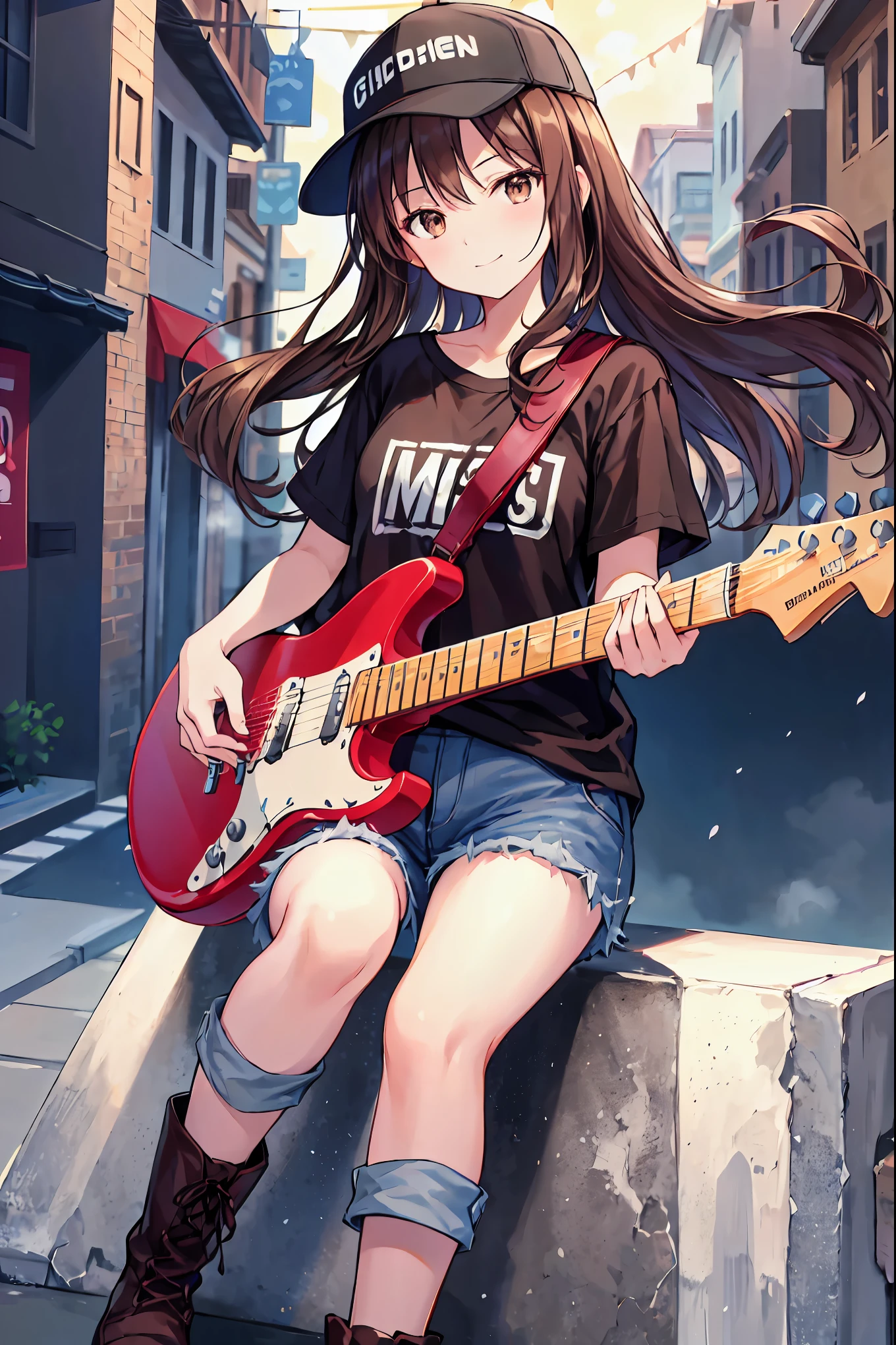 Brown Hair，Shortcuts，Messy Hair，Slender beauty，A dignified posture，Small chest，Beautiful feet，Her captivating grey-blue eyes shine like stars，meet, Azusa Nakano, Black Hair, (Brown eyes:1.5),Long Hair,Baseball cap,Oversized T-shirt,Short sleeve,jeans,short boots,Instrument playing, Stage Performance, hot air,Happy atmosphere,スタンドマイクの前でguitarをを弾きながら熱唱,guitar(Red Mustang),On the forehead,Sing with your mouth open,smile,Street performance,night,moonlight,whole bodyがイラストに入るように,
break outdoors, construction area,
break looking at viewer, whole body,
break (masterpiece:1.2), Highest quality, High resolution, unity 8k wallpaper, (shape:0.8), (Beautiful attention to detail:1.6), Highly detailed face, Perfect lighting, Extremely detailed CG, (Perfect hands, Perfect Anatomy),