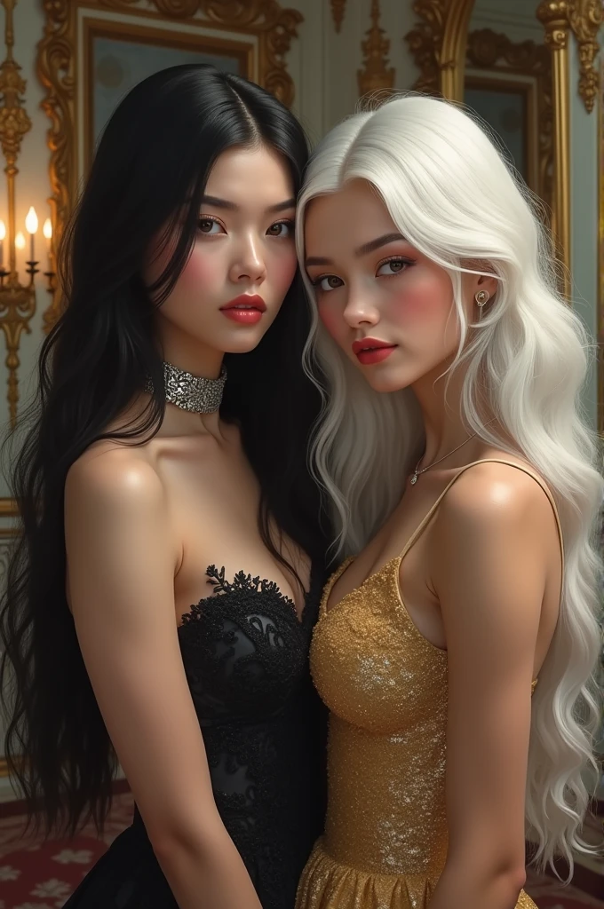 Girl with long black hair in simple dress with silver collar with another girl with white hair in elegant expensive dress in Paris in mansion