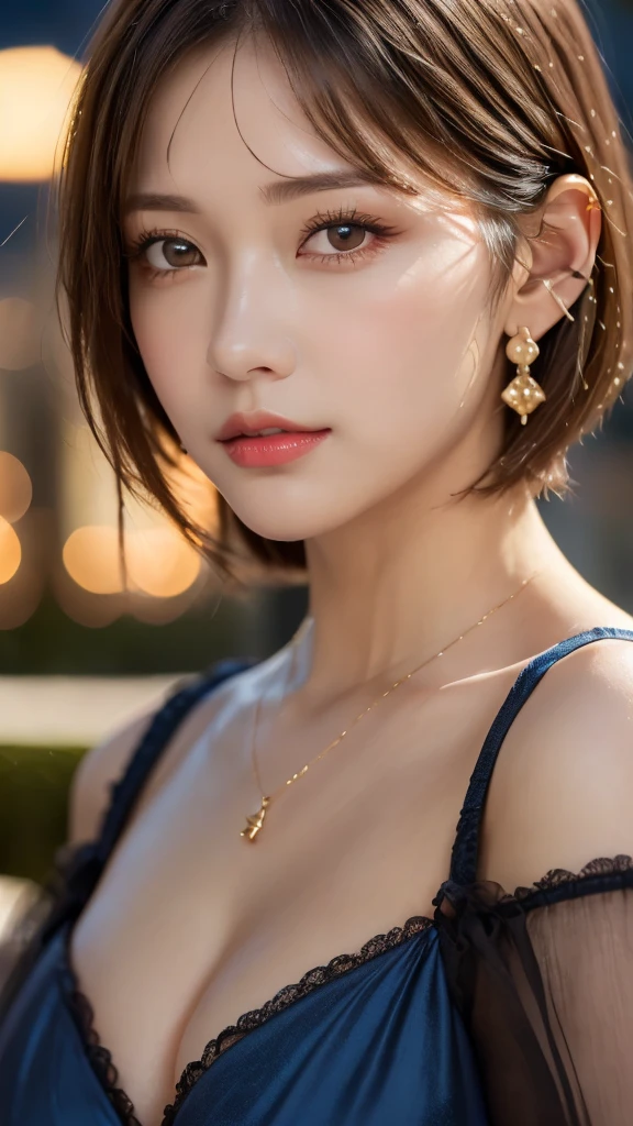 (Photorealistic, 32k, RAW photo, best quality:1.4), (masterpiece:1.3), (ultra high resolution, ultra realistic, highly detailed, golden ratio, ultra detailed), 1 beautiful woman, natural makeup, intricate cloth texture, finely detailed hair texture, beautiful full-body, perfect female form, anatomically accurate, highly detailed face and skin, (elegant hands), (realistic skin), (beautiful pale skin:1.1), (extreme close-up:2.0), (Oversized Breasts), (Wearing Blue Party Dress:1.5), (Earrings, Pendant),
BREAK,
realistic eyes, captivating detailed eyes, symmetric eyes, light brown eyes, double eyelids, thin eyebrows, (glossy lips:1.4), (kissable expression, blush:1.3),
BREAK,
((short bob cut, dark brown hair, bangs:1.2)), (Moonlit night, terrace:1.3)