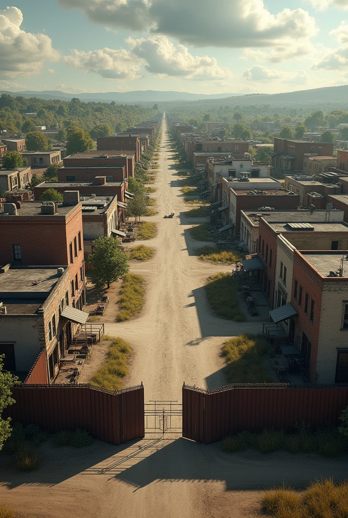 (photorealism:1.2), a town similar to Alexandria from The Walking Dead, surronded by a short wall made of scrapped metal. The town is big enough for 300 people to live in. Classic american town in the 2000´s, medium sized