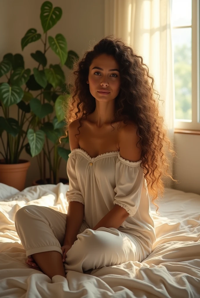 (photorealism:1.2), beautiful woman, sitting on bed, wearing loose off-shoulder top, pajama pants, long curly hair, indoors, soft lighting, plants in background, window with sunlight, cozy room, relaxed pose, realistic, intricate details, warm colors, by Greg Rutkowski, by Alphonse Mucha