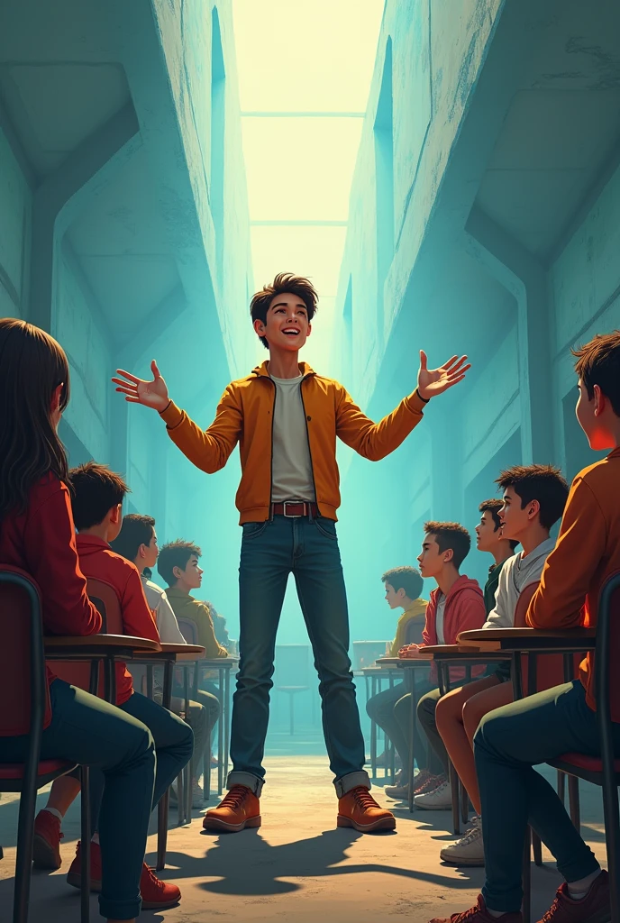 Young man telling a story in a class without a bottom