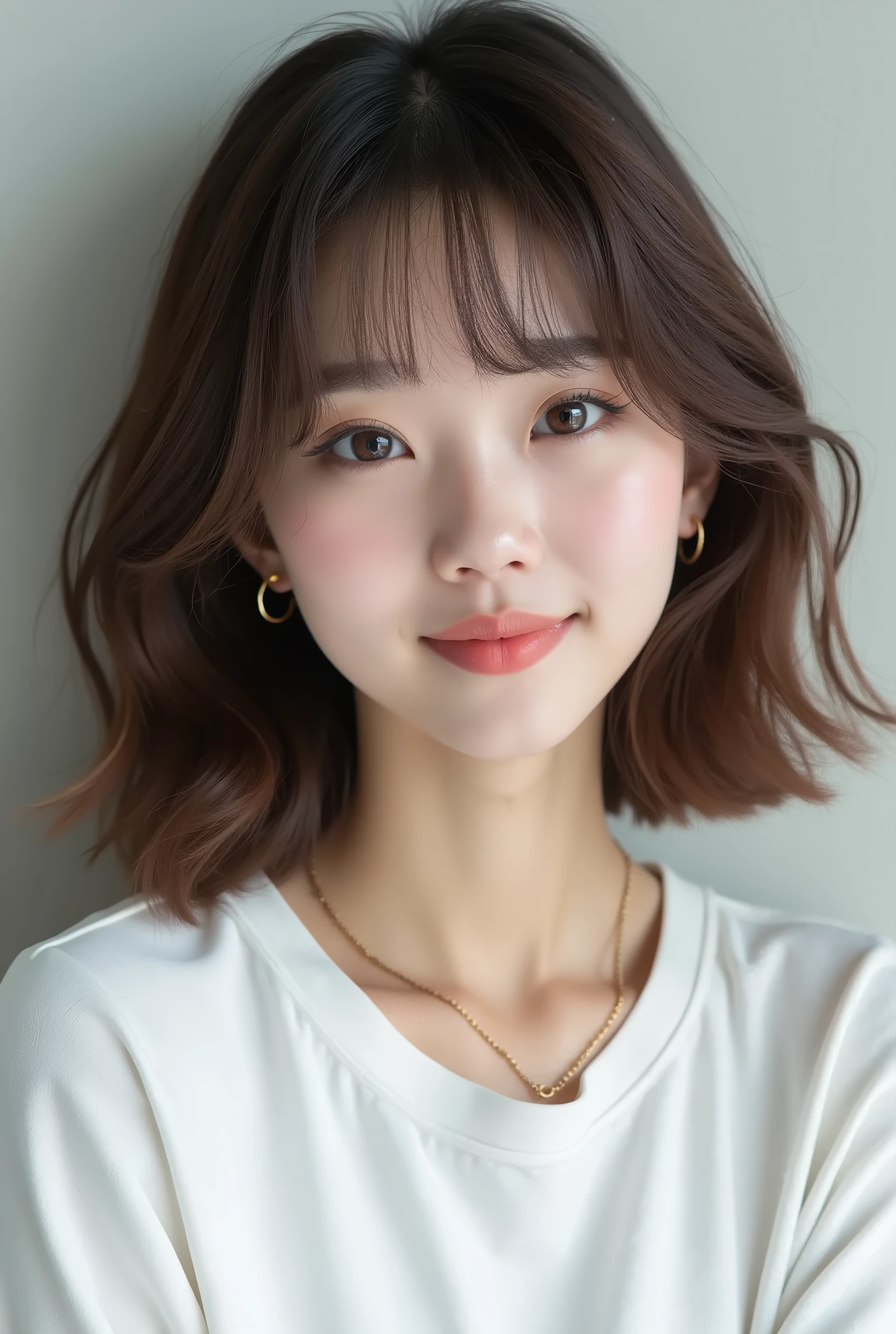 high resolution、A transparent Japanese woman、looking at the camera、body is angled、smile、Moist and shiny hair、Thready hair、cute、Brown Hair、Beautiful young woman who looks like a model、Leaning against a wall、Big eyes、Outline of an inverted triangle、face is slanted45Every time、Straight Hair、The tips are heavy、White crew neck half sleeve top、Hide your chest、Attractive features、Big eyes、Beautiful woman、hoop gold earrings、Long, diagonally swaying bangs、Beautiful like a celebrity、A trendy blunt hairstyle with little volume、Naturally flowing bangs、No bangs standing up、Smooth surface hair、Simple chain necklace、A fashionable atmosphere、A mature bob with less volume on top、The hair around the face falls smoothly onto the face.、Natural Makeup、Collarbone-length hair、Silky Smooth Straight Hair、Cohesive hair、Straight Hair that is smooth to the ends、Straightener