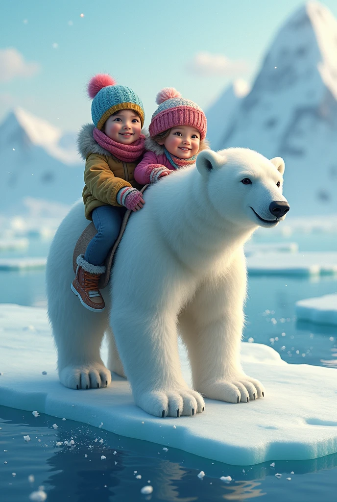 (masterpiece:1.2, Highest quality, Ultra-high resolution, Very detailed, Realistic, RAW Photos:1.2, Elaborate photos), 8k, wallpaper, (Ray Tracing), (Two children bundled in warm winter clothes riding a massive polar bear), (Polar bear standing on a floating iceberg, children holding onto the bear’s thick fur, wearing colorful scarves and mittens), (Surrounded by the icy waters of the Arctic, towering glaciers in the background, gentle snowflakes falling from the sky), A photo that embodies the magical adventure of siblings exploring the Arctic wilderness on a friendly polar bear, with stunning icy landscapes and playful expressions.