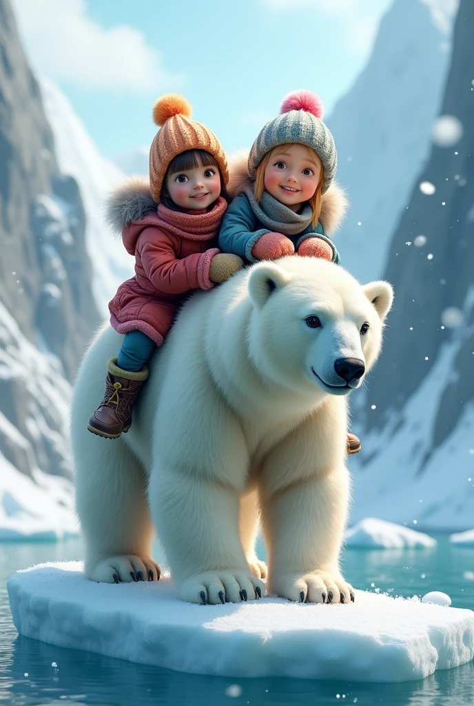 (masterpiece:1.2, Highest quality, Ultra-high resolution, Very detailed, Realistic, RAW Photos:1.2, Elaborate photos), 8k, wallpaper, (Ray Tracing), (Two children bundled in warm winter clothes riding a massive polar bear), (Polar bear standing on a floating iceberg, children holding onto the bear’s thick fur, wearing colorful scarves and mittens), (Surrounded by the icy waters of the Arctic, towering glaciers in the background, gentle snowflakes falling from the sky), A photo that embodies the magical adventure of siblings exploring the Arctic wilderness on a friendly polar bear, with stunning icy landscapes and playful expressions.