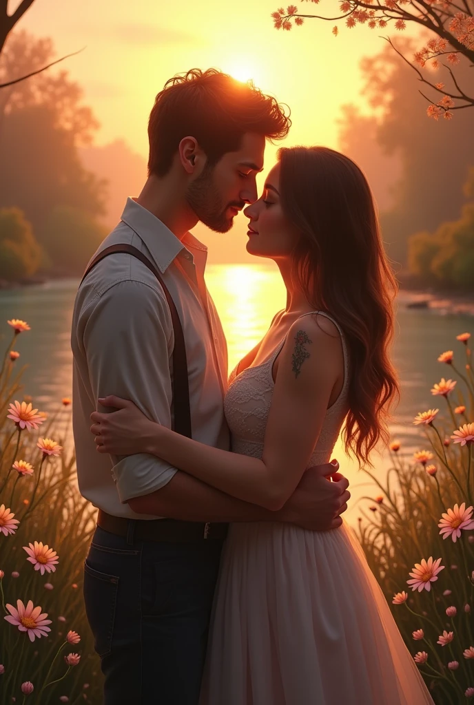 "Create a romantic and emotional image that captures the essence of the poem 'How Do I Love Thee?' de Elizabeth Barrett Browning. The scene should portray a serene and intimate environment, perhaps with a couple in a moment of tenderness and deep connection. Incorporate elements that symbolize the intensity and depth of love, like a landscape at dawn, smooth light, and subtle details that evoke the feeling of deep and eternal love described in the poem."