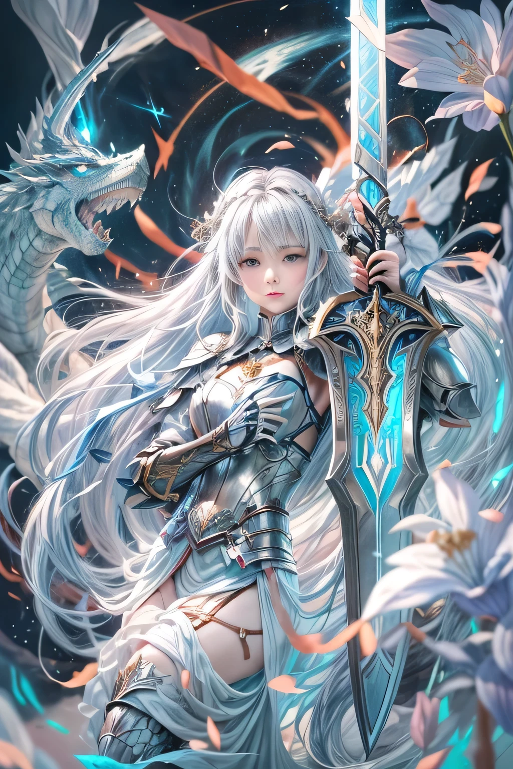 A female knight recognized by the legendary holy sword Excalibur、With the protection of the spirit of light, it emits an aura of light.、8k.Half Russian and half Japanese、Russian face、beautiful girl、A princess with the title of Dragon Slayer、、Small face、Young face、Big eyes、Skinny、Small breasts、（（（Silver Hair、Silver Hair）））、With bangs、（（（High resolution big beautiful light blue glowing eyes, ）））、Shortcuts、Bobcut、（（（Red ribbon in hair、Floral decoration）））、Partially braided、Transforms into an armored knight at the call of the holy sword Excalibur.、Large sword、A holy sword that emits a pale blue light、（（god々He holds up his sword, shining a deep blue, to the sky.））、god々A sword that shines brilliantly、Magic Sword Light Shield、Armor of Light、fantasy landscape、Fantasy、（Battle with the Dark Knight、Fighting the Demons、Fighting the beastmen）A dragon knight riding a flying dragon through the sky、The sword swings down, leaving a trail of light in its wake.