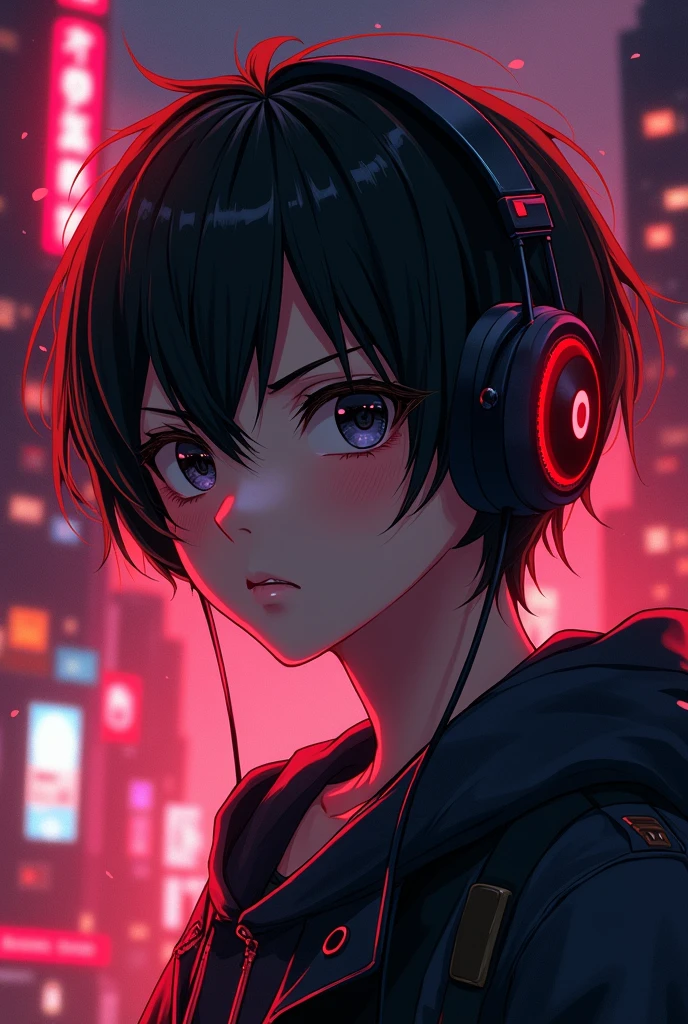 A 2 anime boy half body with a reddish night city landscape background with headphones alone a boy with a serious look