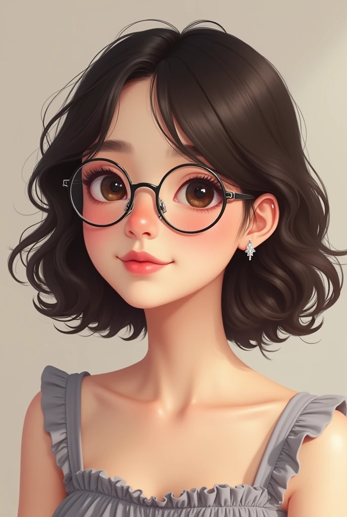Round face, round wire frames, diamond earrings, small lips, small nose, shoulder lenth hair curly hair with volume who wears a casual dress, pinkish face colour, slimmer eyebrows and smaller earrings, 15 yr old look