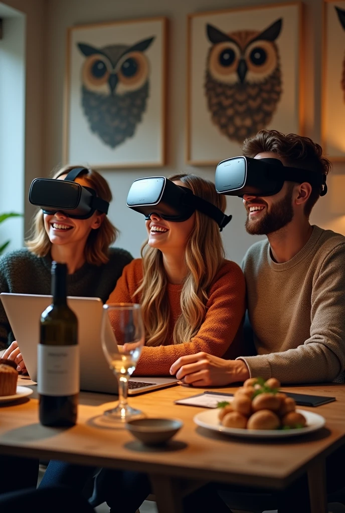 many happy people in headsets near a table with a laptop, food and wine. There are paintings of owls hanging in the background.