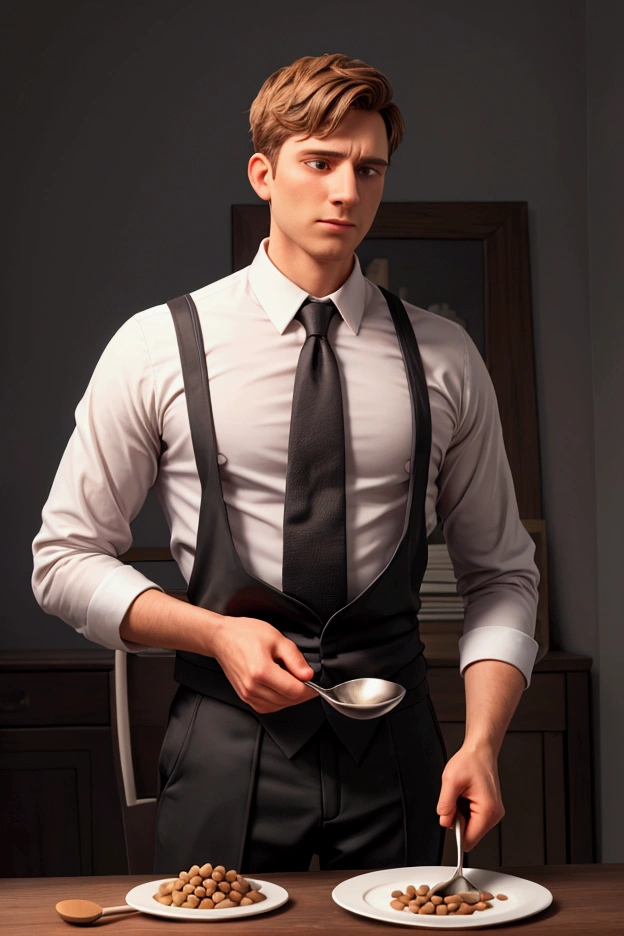 The man with a plate of beans in his hand. (Spoon in right hand) Black dress shirt and tie.