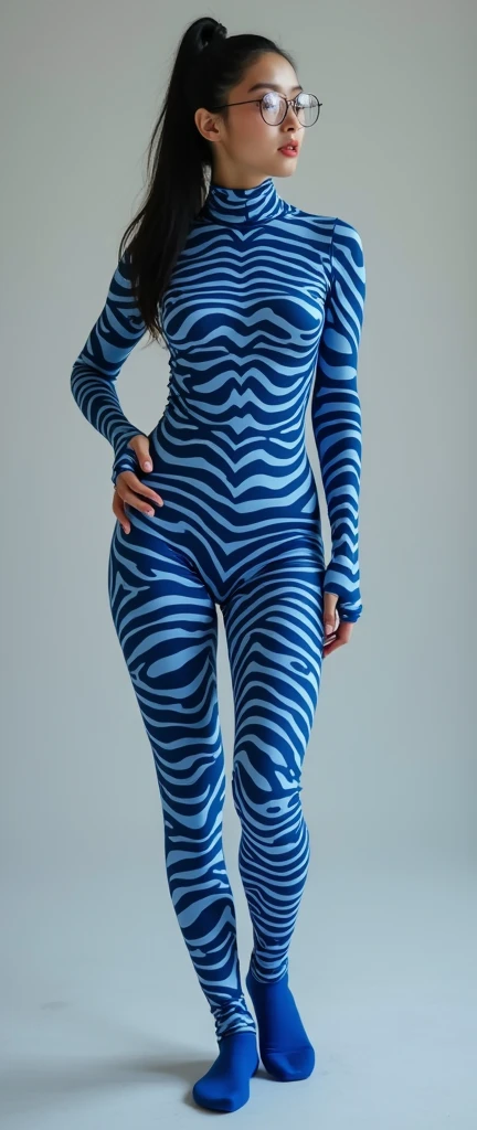 The beautiful and thinest chinese adult woman with glasses blue zebra animal print lycra elasticity turtleneck unitard catsuit.She always wear hijab-like zentai costume hood made of lycra elasticity.She performs contortion when she is my contortionist.




