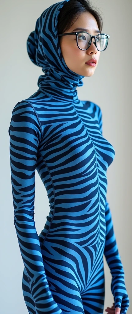 The beautiful and thinest chinese adult woman with glasses blue zebra animal print lycra elasticity turtleneck unitard catsuit.She always wear hijab-like zentai costume hood made of lycra elasticity.She performs contortion when she is my contortionist.




