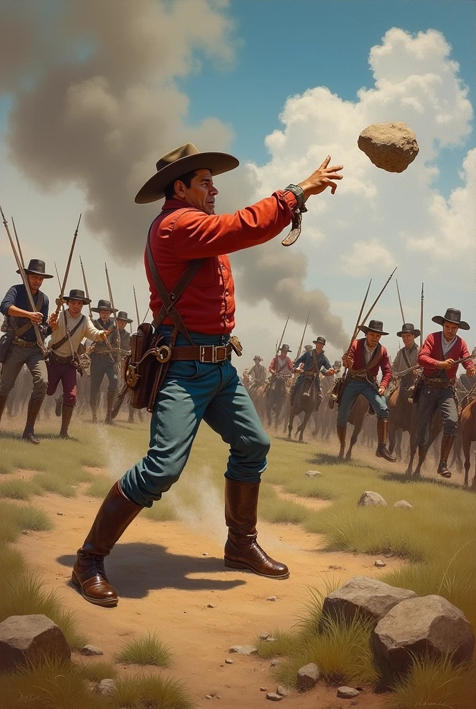 Battle of San Jacinto,  Andrés Castro throws a rock at the animated filibuster William Walker 