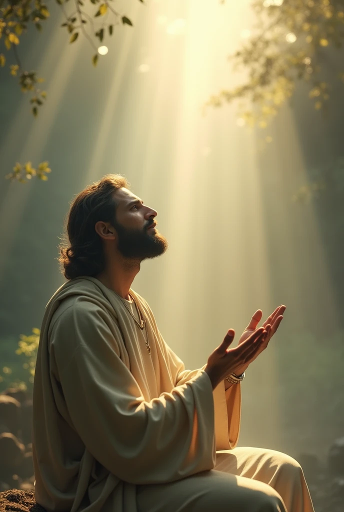 Create a serene and powerful image of Jesus communicating with God. Depict Jesus in a moment of deep prayer or contemplation, with His head bowed or eyes lifted towards the heavens. The setting should be ethereal and transcendent, possibly with a soft, heavenly light emanating from above. Surround Jesus with a divine aura or subtle beams of light to indicate the presence of God. The background can be a peaceful, celestial landscape or a tranquil natural setting, enhancing the sense of divine connection. The overall mood should convey a profound sense of reverence, spiritual communion, and divine guidance.




















