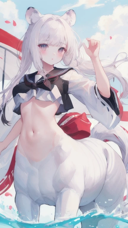 (best quality, masterpiece), 1 girl, centaur, I beg, White skin, Japanese schoolgirl,daughter,black pink, exposing the abdomen, belly button t-shirt , beautiful girl perfect, White tiger photo, Perfect swimsuit pictures