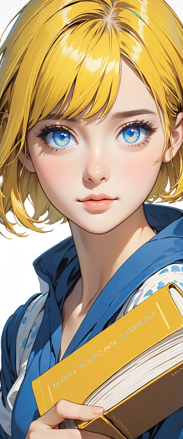 Picture of a girl with short yellow hair and blue eyes with a book