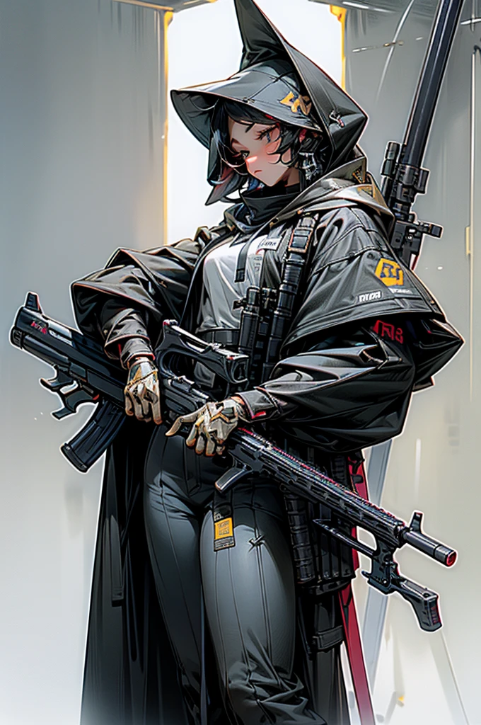 Highest quality、Anatomically correct、Huge rifle、Anti-material rifles、Huge Scope、The right gun、Heavily Armed Girl、Black haired girl wearing a hood、M82、Complete Gun、Black gun、Metallic、perfect guns、Perfect Stock、An unassuming gun、M82のようなAnti-material rifles