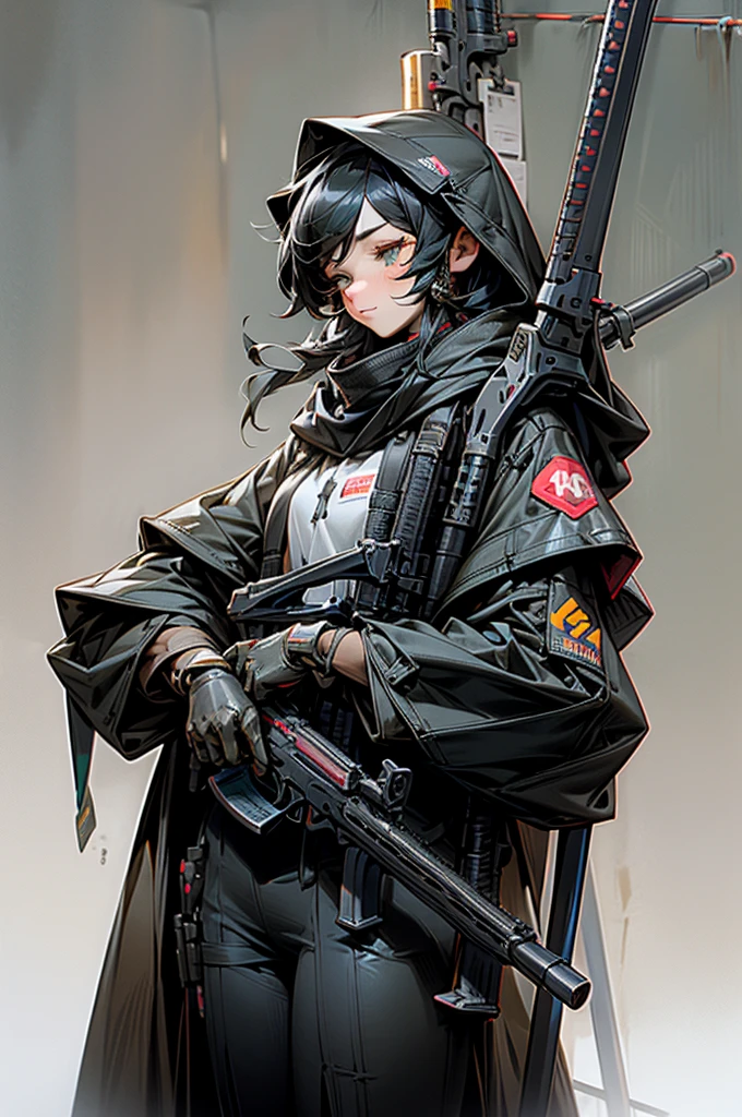 Highest quality、Anatomically correct、Huge rifle、Anti-material rifles、Huge Scope、The right gun、Heavily Armed Girl、Black haired girl wearing a hood、M82、Complete Gun、Black gun、Metallic、perfect guns、Perfect Stock、An unassuming gun、M82のようなAnti-material rifles