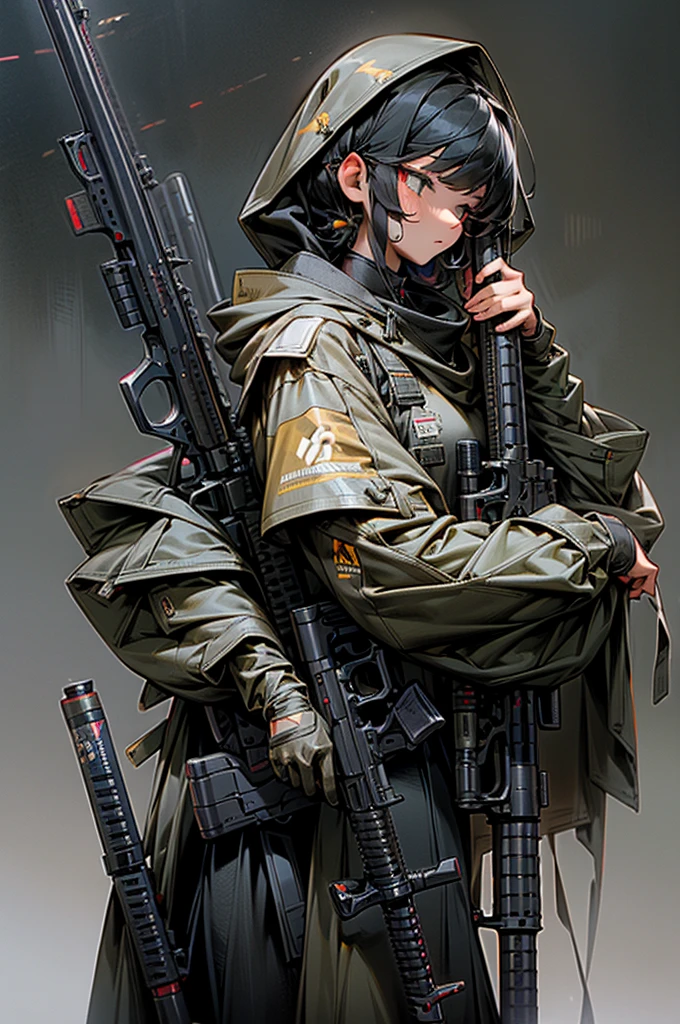 Highest quality、Anatomically correct、Huge rifle、Anti-material rifles、Huge Scope、The right gun、Heavily Armed Girl、Black haired girl wearing a hood、M82、Complete Gun、Black gun、Metallic、perfect guns、Perfect Stock、An unassuming gun、M82のようなAnti-material rifles