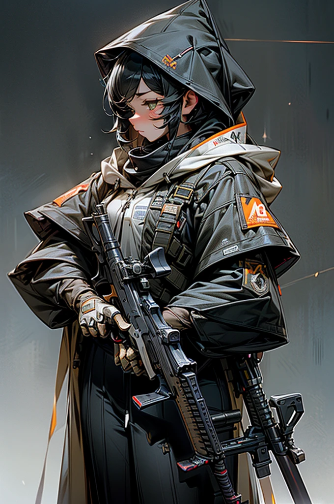 Highest quality、Anatomically correct、Huge rifle、Anti-material rifles、Huge Scope、The right gun、Heavily Armed Girl、Black haired girl wearing a hood、M82、Complete Gun、Black gun、Metallic、perfect guns、Perfect Stock、An unassuming gun、M82のようなAnti-material rifles