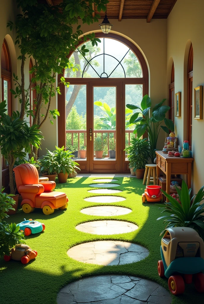 (photorealism:1.2), Generate the interior of a luxurious estate in the department of Valle del Cauca Colombia, It has to look like it was taken by a cell phone, make it more realistic but look like it was taken from an iPhone and you can see it out but I want it to look flat, and a stone path, something that looks like real life not made by AI, but change the interior a little and instead of bushes, there is grass and children's toys scattered on the floor, but it seems like it's the real world, not that AI looks like every object is how it looks in the real world