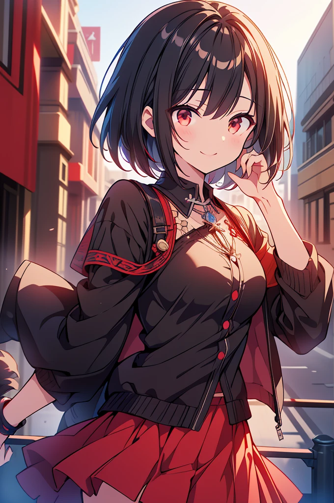 (masterpiece, highest quality, highest quality, (No text), Beautiful and aesthetic:1.2),No text,アニメ、BREAK,One Girl，Black Hair Girl　 adult　short hair　older sister　Beautiful eyes　Red eyes　cool　smile　Black and Red　skirt　Black jacket　whole body　In town