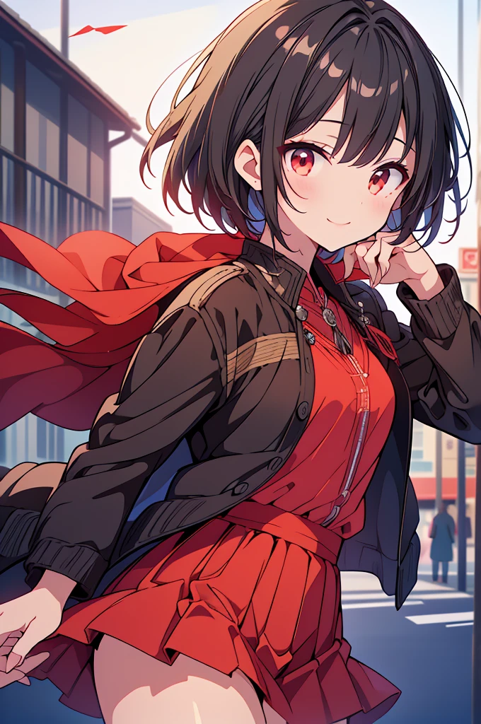 (masterpiece, highest quality, highest quality, (No text), Beautiful and aesthetic:1.2),No text,アニメ、BREAK,One Girl,Black Hair Girl adult short hair older sister Beautiful eyes Red eyes cool smile Black and Red skirt Black jacket whole body In town