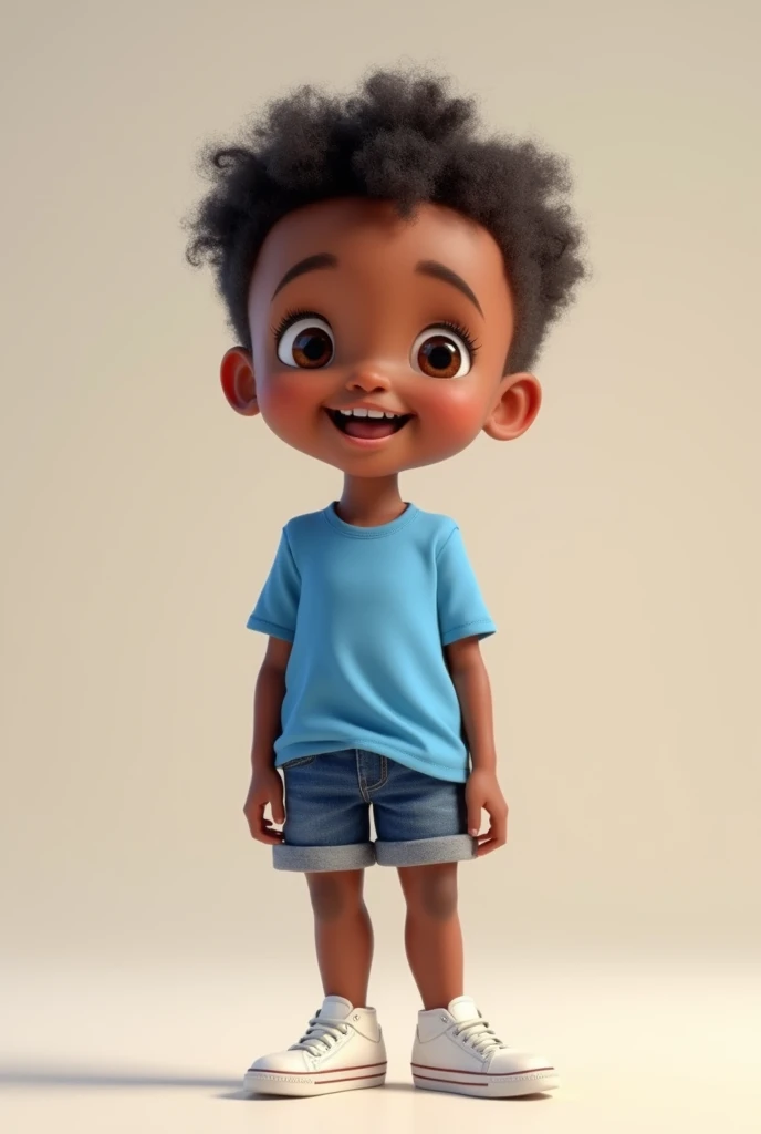 baby-like child, dark skinned and thin, not tall and smiling, standing with a blue t-shirt and denim shorts with white Disney Pixar-style sneakers, traditional style haircut