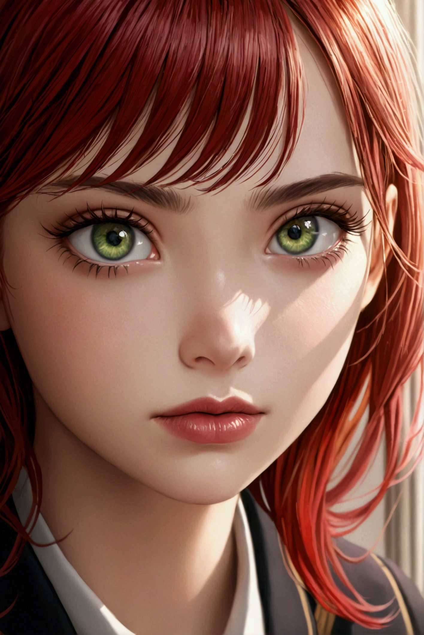 A beautiful girl with red hair, green eyes, and clear skin, with a thoughtful expression, wearing a black school uniform, detailed portrait, realistic, photorealistic, detailed facial features, beautiful detailed eyes, beautiful detailed lips, extremely detailed face, long eyelashes, highly detailed, masterpiece, 4k, hyper detailed, vibrant colors, natural lighting, cinematic, intricate details. Apariencia juvenil. Cara algo nerviosa