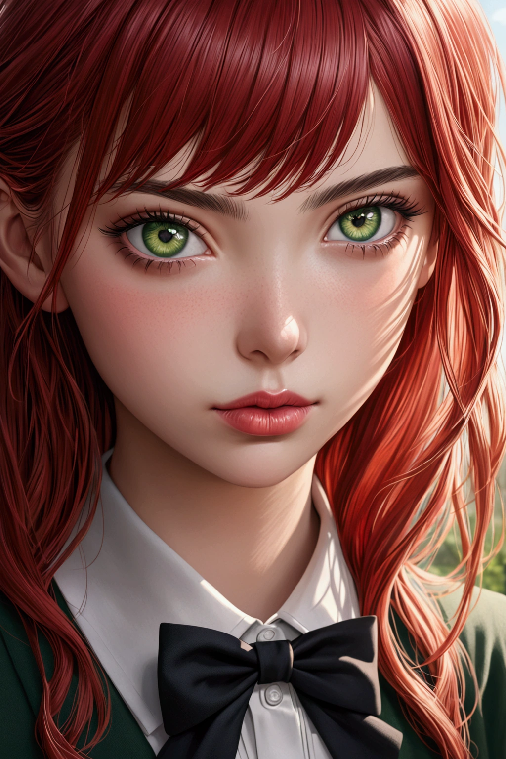 A beautiful girl with red hair, green eyes, and clear skin, with a thoughtful expression, wearing a black school uniform, detailed portrait, realistic, photorealistic, detailed facial features, beautiful detailed eyes, beautiful detailed lips, extremely detailed face, long eyelashes, highly detailed, masterpiece, 4k, hyper detailed, vibrant colors, natural lighting, cinematic, intricate details. Apariencia juvenil. Cara algo nerviosa
