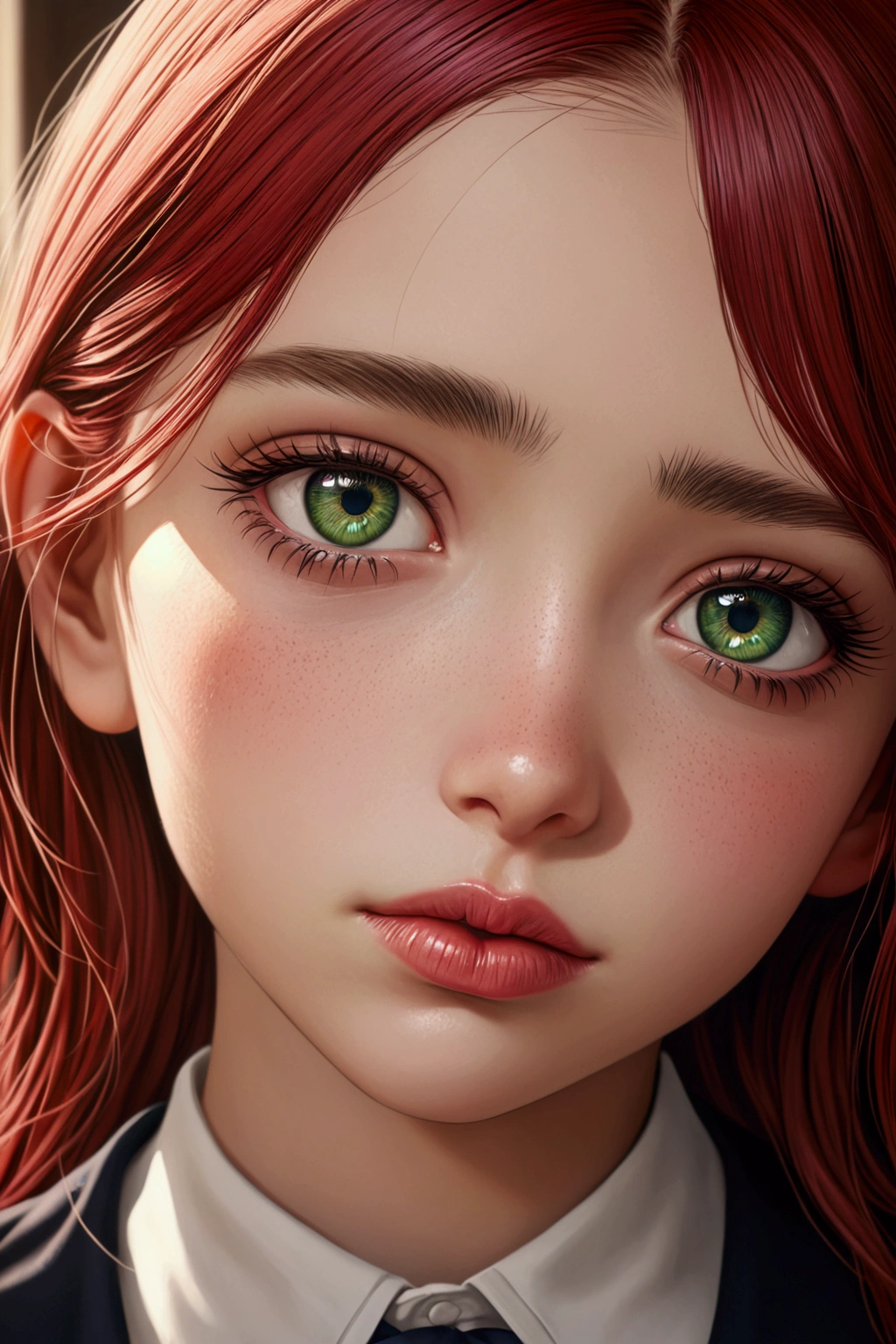 A beautiful girl with red hair, green eyes, and clear skin, with a thoughtful expression, wearing a black school uniform, detailed portrait, realistic, photorealistic, detailed facial features, beautiful detailed eyes, beautiful detailed lips, extremely detailed face, long eyelashes, highly detailed, masterpiece, 4k, hyper detailed, vibrant colors, natural lighting, cinematic, intricate details. Apariencia juvenil. Cara algo nerviosa