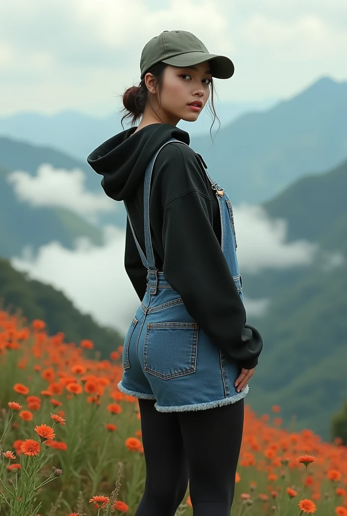 full-body portrait photograph of a young java woman hijab with polo Cap, wearing pinafore with tight-fitting , hotpant with leggings, oversized_breasts.", she is hiking, beautiful_breasts. sensual body, in a unique, photoshot model, ((In front of flowers in sea of clouds over the mountain)), pullover, highres, 4k, HDR, 1girl, photorealistic, realistic, big booobs, turning away facial at viewer, closeup