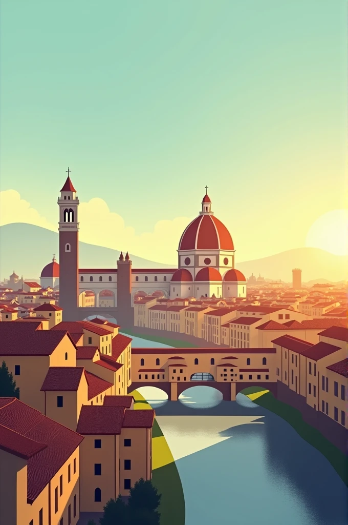 "A minimalist yet detailed illustration of Florence during the Renaissance, inspired by the style of Olly Moss. The image should highlight the iconic architecture of the city, including the Duomo, the Ponte Vecchio, and the Palazzo Vecchio, with a warm color palette that captures the essence of the Italian Renaissance. The scene should be depicted with sharp silhouettes, subtle gradients, and a vintage poster aesthetic, characteristic of Olly Moss's style. The background should feature a clear blue sky transitioning into a soft golden sunset, casting long shadows over the city’s rooftops. The overall composition should be clean and balanced, evoking a sense of nostalgia and timeless beauty.
