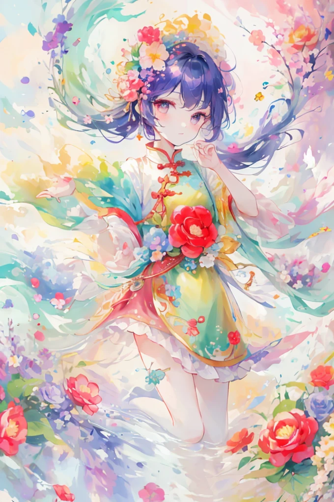 (Highest quality),(Masterpieces),(Detailed eye depiction),(8k wallpaper)(Detailed facial depiction),Rich and colorful,1 girl,Chinese clothing,Half Body,上Half Body,Iris and rainbow eyes,Floating rainbow hair,Iridescent dresses,Peach blossom background,