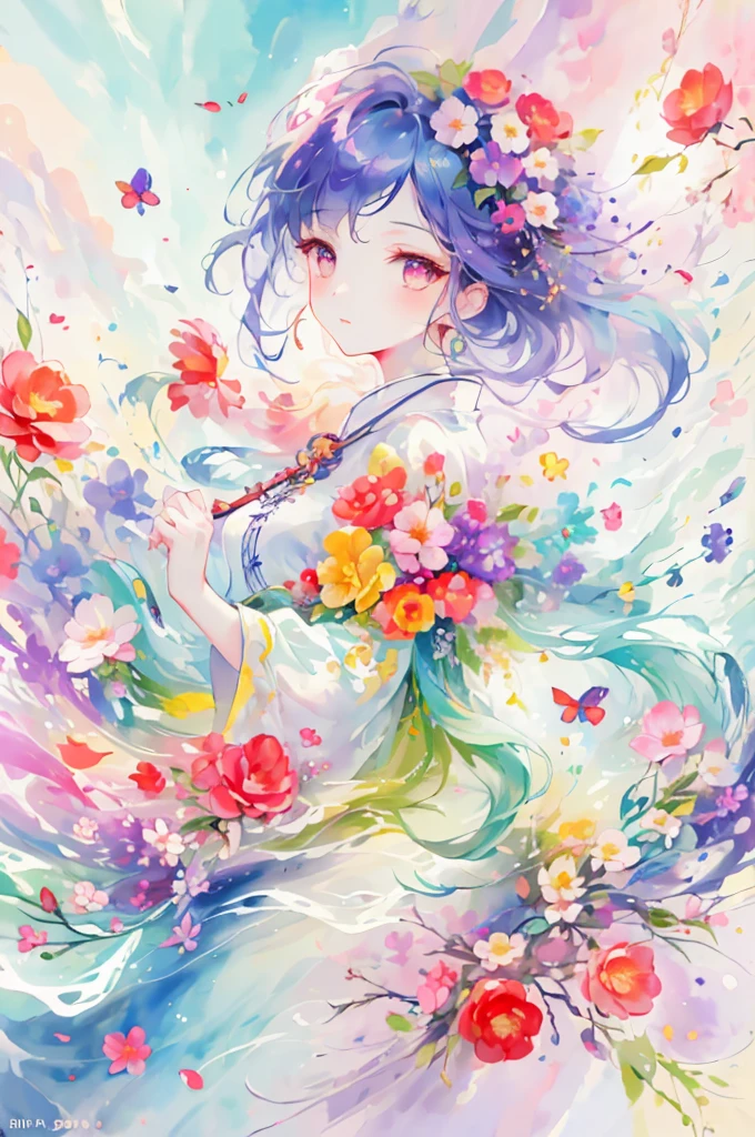 (Highest quality),(Masterpieces),(Detailed eye depiction),(8k wallpaper)(Detailed facial depiction),Rich and colorful,1 girl,Chinese clothing,Half Body,上Half Body,Iris and rainbow eyes,Floating rainbow hair,Iridescent dresses,Peach blossom background,