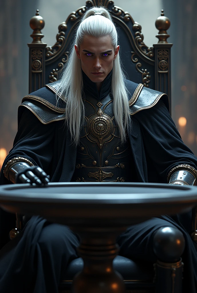Create a handsome and intimidating prince of hell , that is with black armor, golden and with a layer, that she has long white hair tied in a high ponytail with a few loose strands over her face, purple eyes and sitting in a majestic chair with a circular black table in front of him 