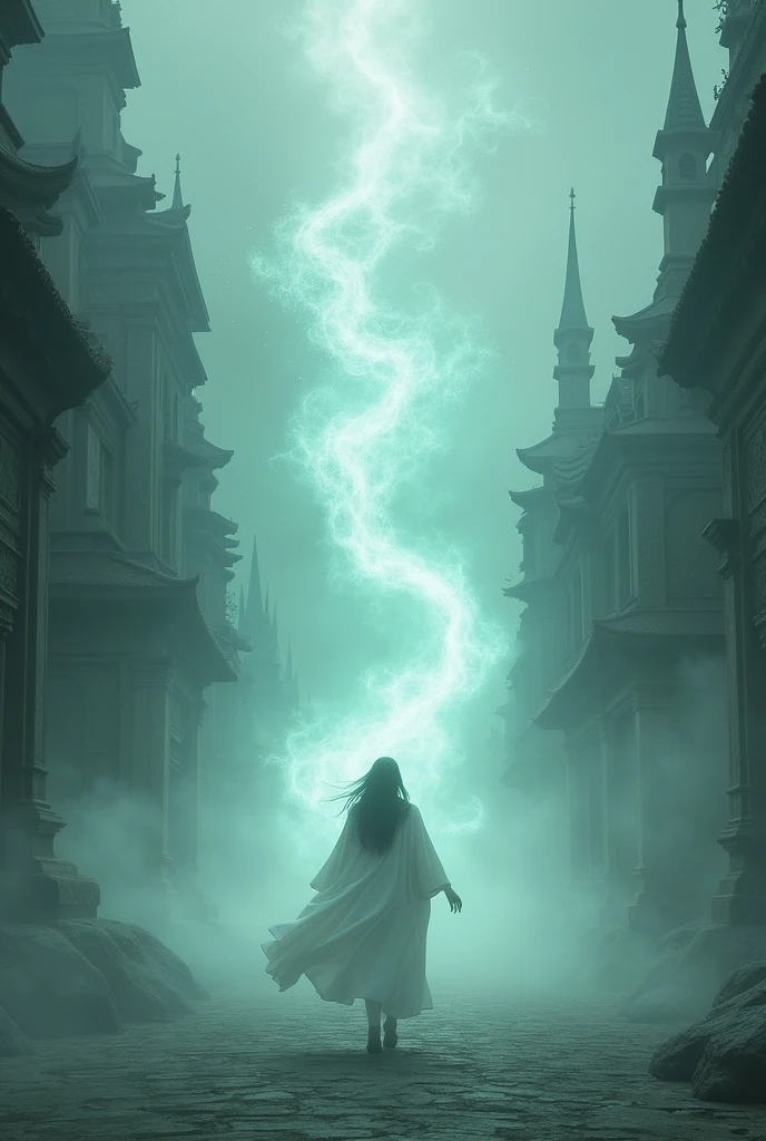 An ethereal scene capturing the jin vanishing into swirling mist and light, leaving behind a sense of magic and fulfillment in an ancient city