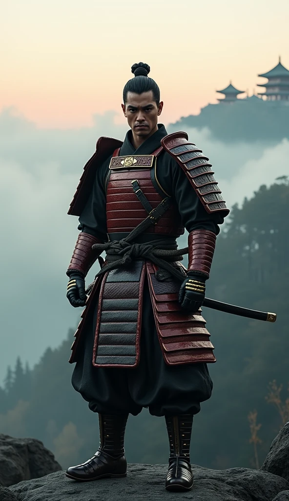 Close-up shot, Low angle shot, (A lone Samurai stands tall on a misty mountain ridge at dawn, his posture upright and resolute. He is dressed in traditional black and deep red lacquered armor, intricately detailed with gold accents. His face is stern, with a strong jawline and piercing eyes that reflect his unwavering commitment to Bushido. The background features a vast, fog-covered landscape with distant forests and ancient temples, evoking a sense of solitude and duty.) unreal engine, cinematic, highly detailed, hyper-realistic, ultra-realistic HD --q 2 --v 6.1 --ar 9:16