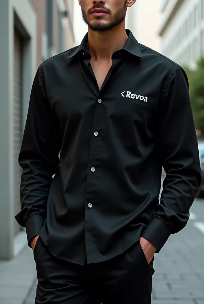 A black shirt with the brand called Revoa