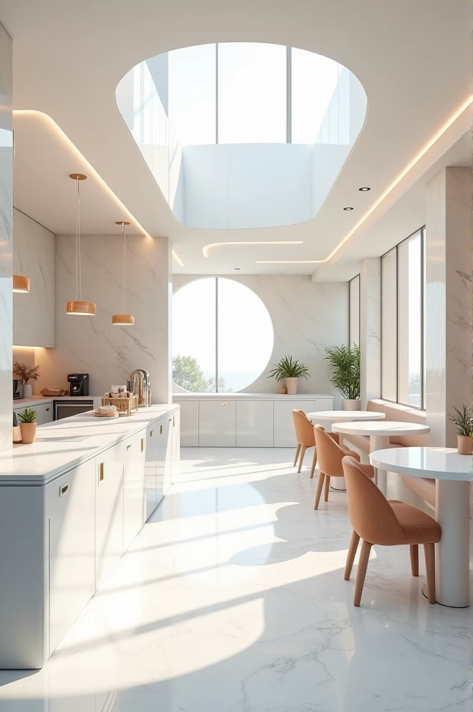 create a modern coffee shop space in light pastel tones. white marble that is modern, innovative and futuristic
