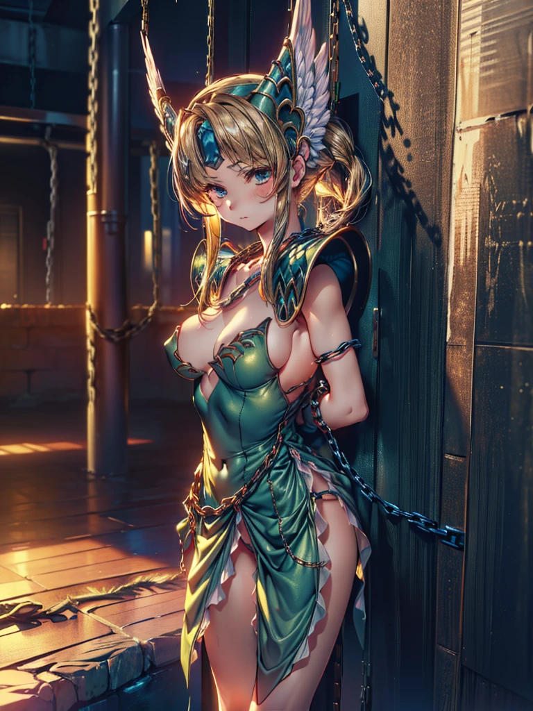 (masterpiece, Highest quality:1.2), Cowboy Shot, alone, one person, Riesz, View your viewers,, Long hair tied low, Winged Helmet,green dress, armor, shoulder armor, Bridal Gauntlet, Cleavage,(In a prison with iron bars:1.4),(The whole body is restrained with chains:1.8),(A girl gropes my breasts from behind:1.6),(2girls:1.6)