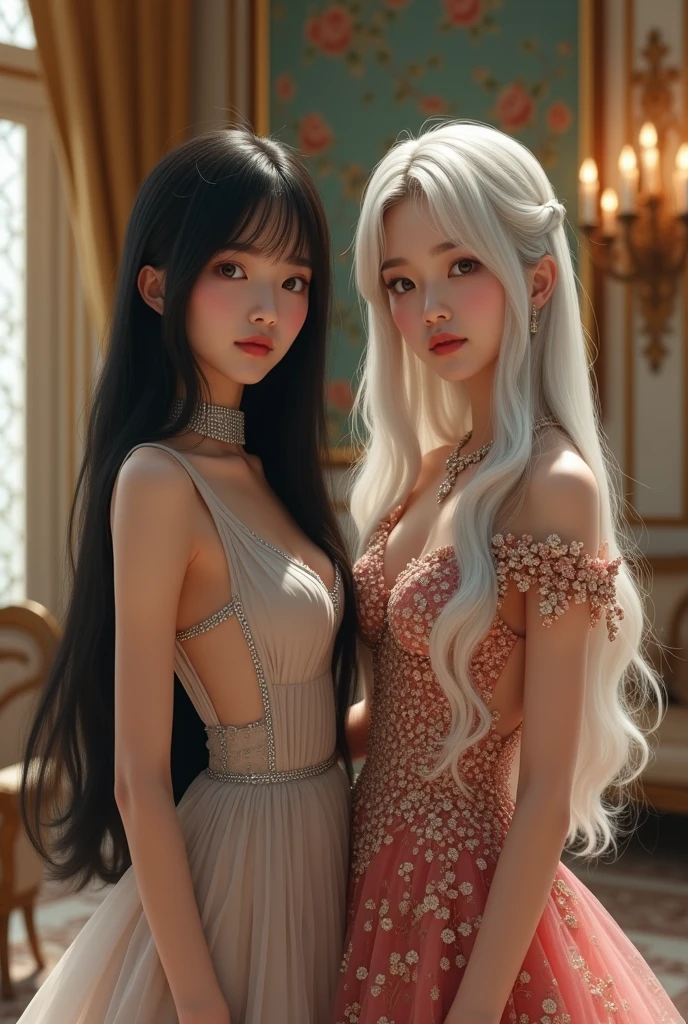 Girl with black long hair in simple dress with silver collar with another Korean girl with white hair in elegant expensive dress in Paris in mansion 
